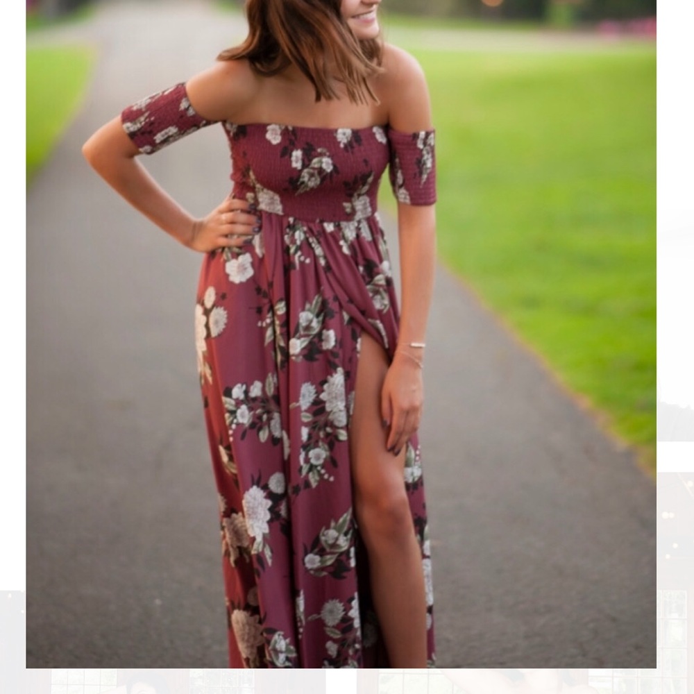 Maroon off the shoulder maxi dress